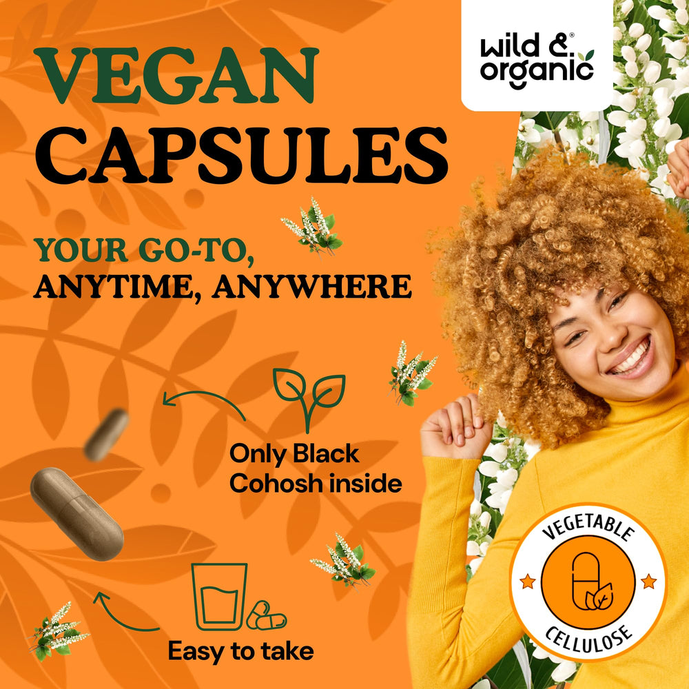 Wild & Organic plant-based ingredients label shows non-GMO and no fillers.