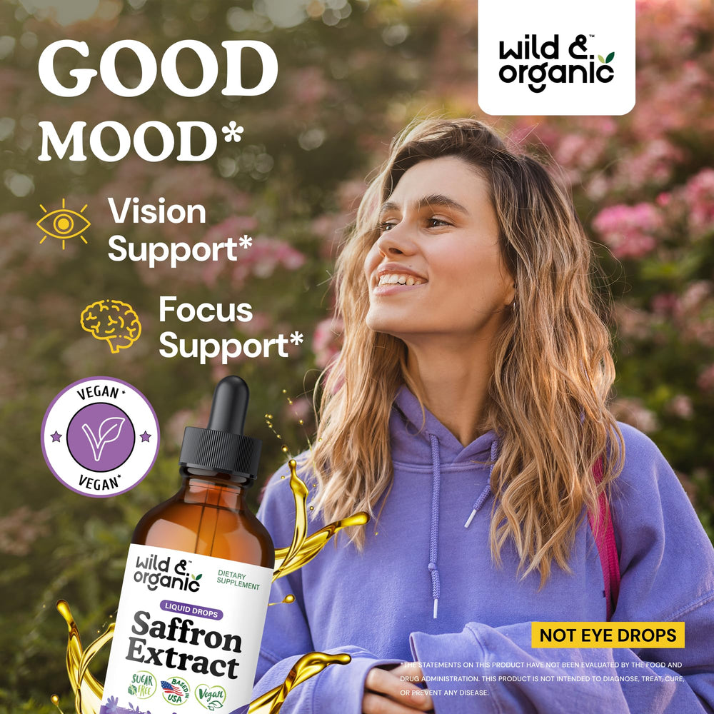 Wild Organic saffron drops bottle front view highlights convenient daily use