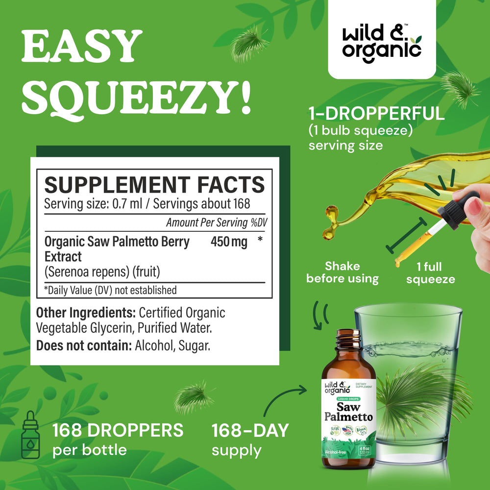 Wild & Organic Saw Palmetto berries close-up showing natural ingredients.