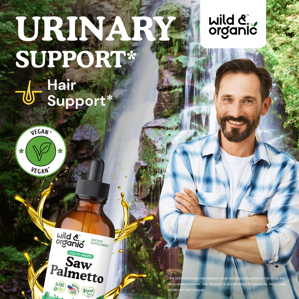 Wild & Organic Saw Palmetto tincture dropper ready for precise dosing.