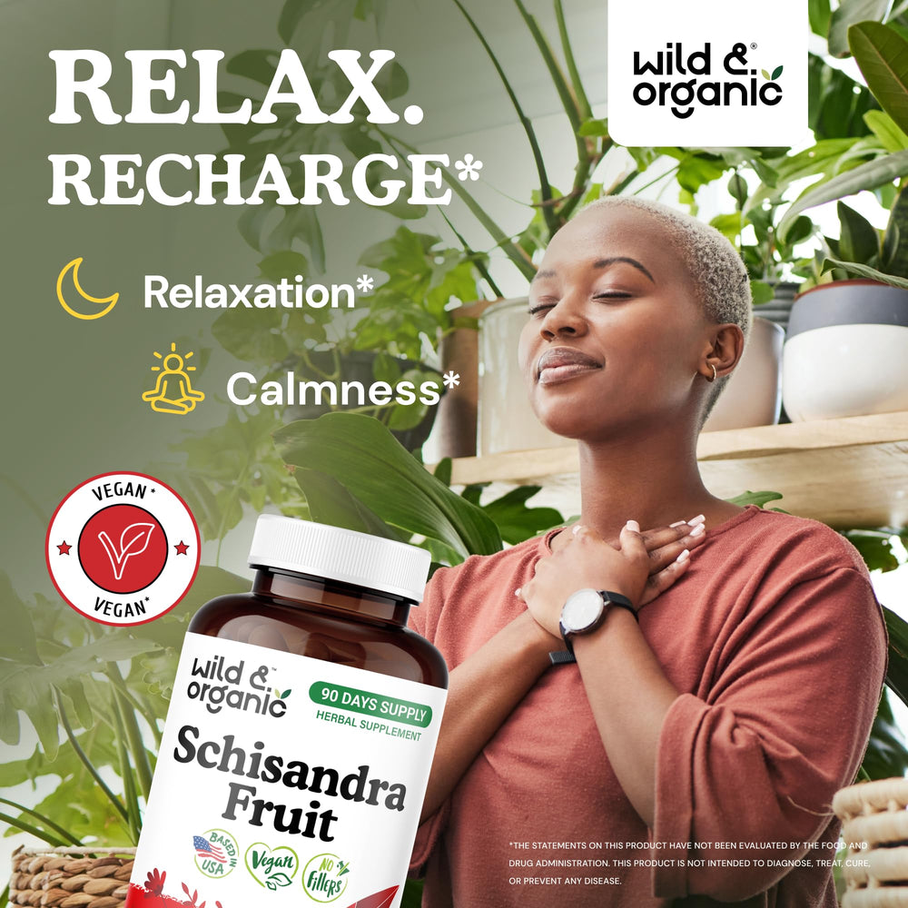 Wild & Organic Schisandra capsules closeup highlighting vegan capsules