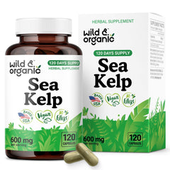 Wild & Organic Sea Kelp capsules bottle label, showcasing 600 mg serving for daily immune support