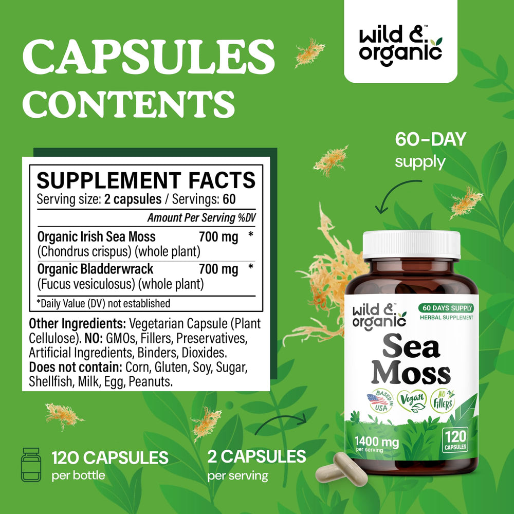 Wild & Organic Sea Moss Capsules label closeup highlighting vegan, non-GMO formula