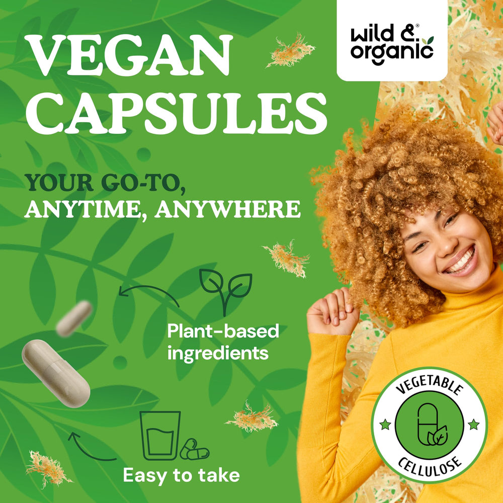 Wild & Organic Sea Moss capsules packaging displays vegan formulation