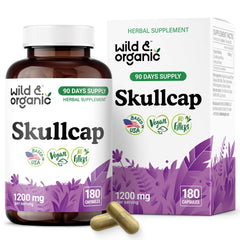 Wild & Organic skullcap bottle front for calm daily use.