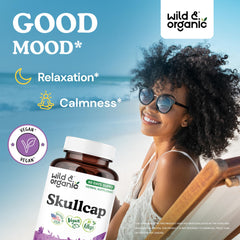 Wild & Organic Skullcap capsules label close-up highlighting vegan non-GMO formula