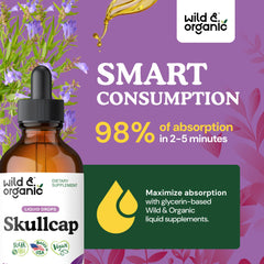 4 oz Wild & Organic skullcap tincture bottle with 168 servings noted