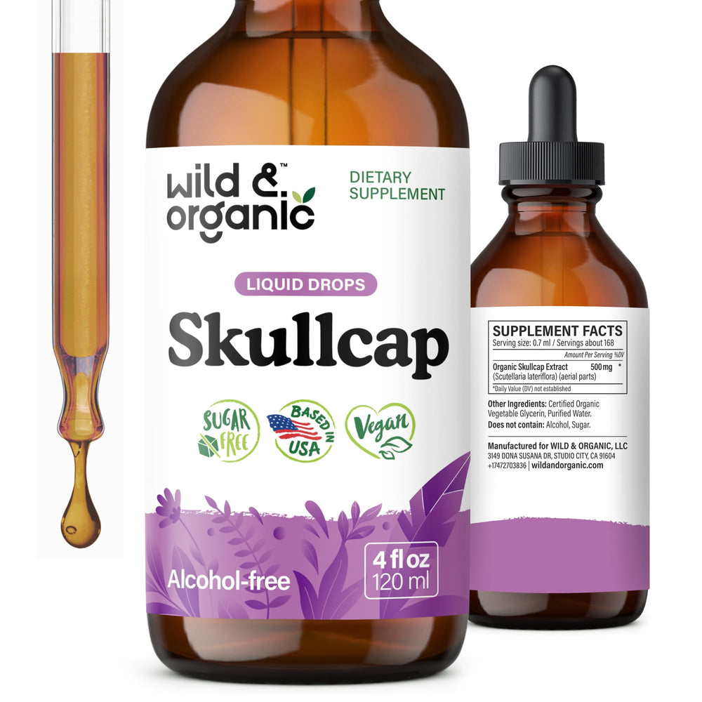 Wild & Organic Skullcap tincture bottle displayed on a clean surface for daily use