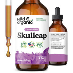 Wild & Organic Skullcap tincture bottle displayed on a clean surface for daily use