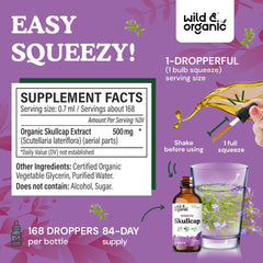 Close-up of Wild & Organic Skullcap tincture label highlighting vegan and GMO-free claims