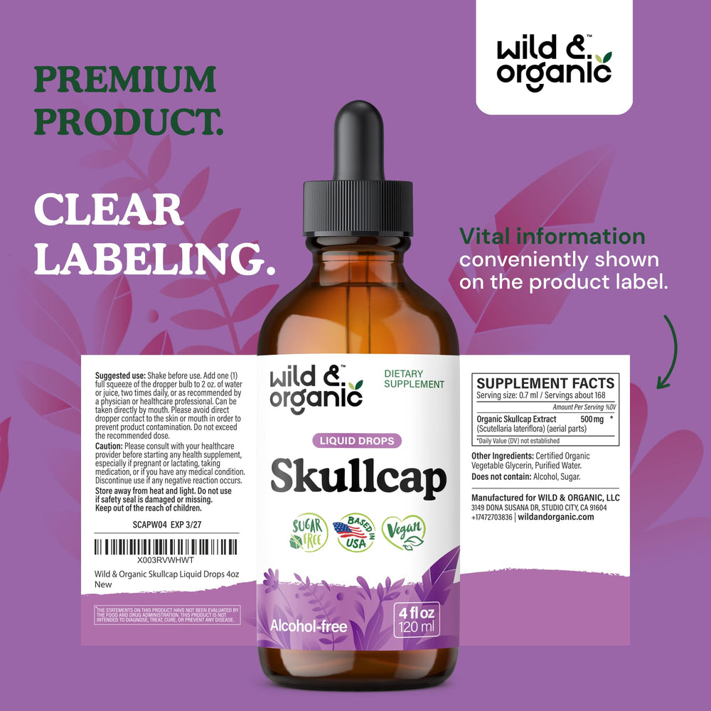 Two drops of Wild & Organic Skullcap tincture ready for use during a calm moment