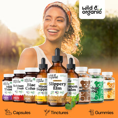Wild & Organic slippery elm liquid drops packaging box and bottle set