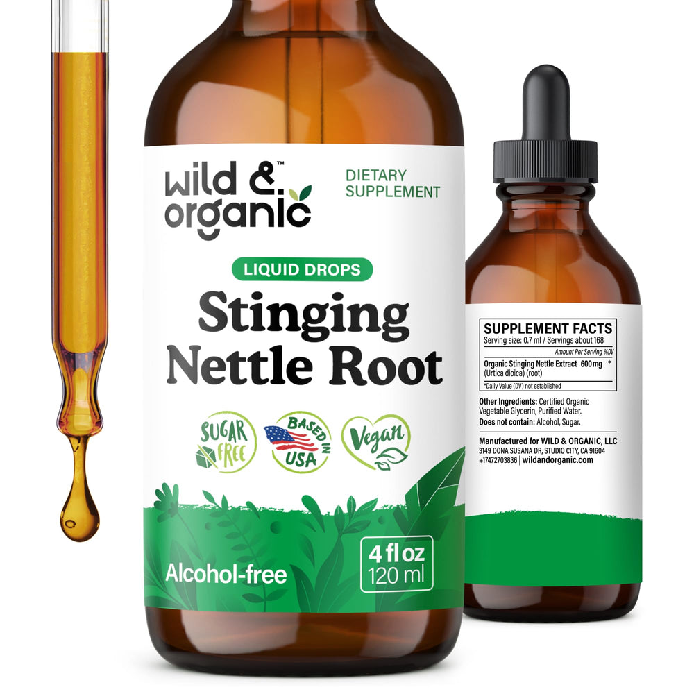 Wild & Organic nettle tincture bottle on white background for daily urinary support.