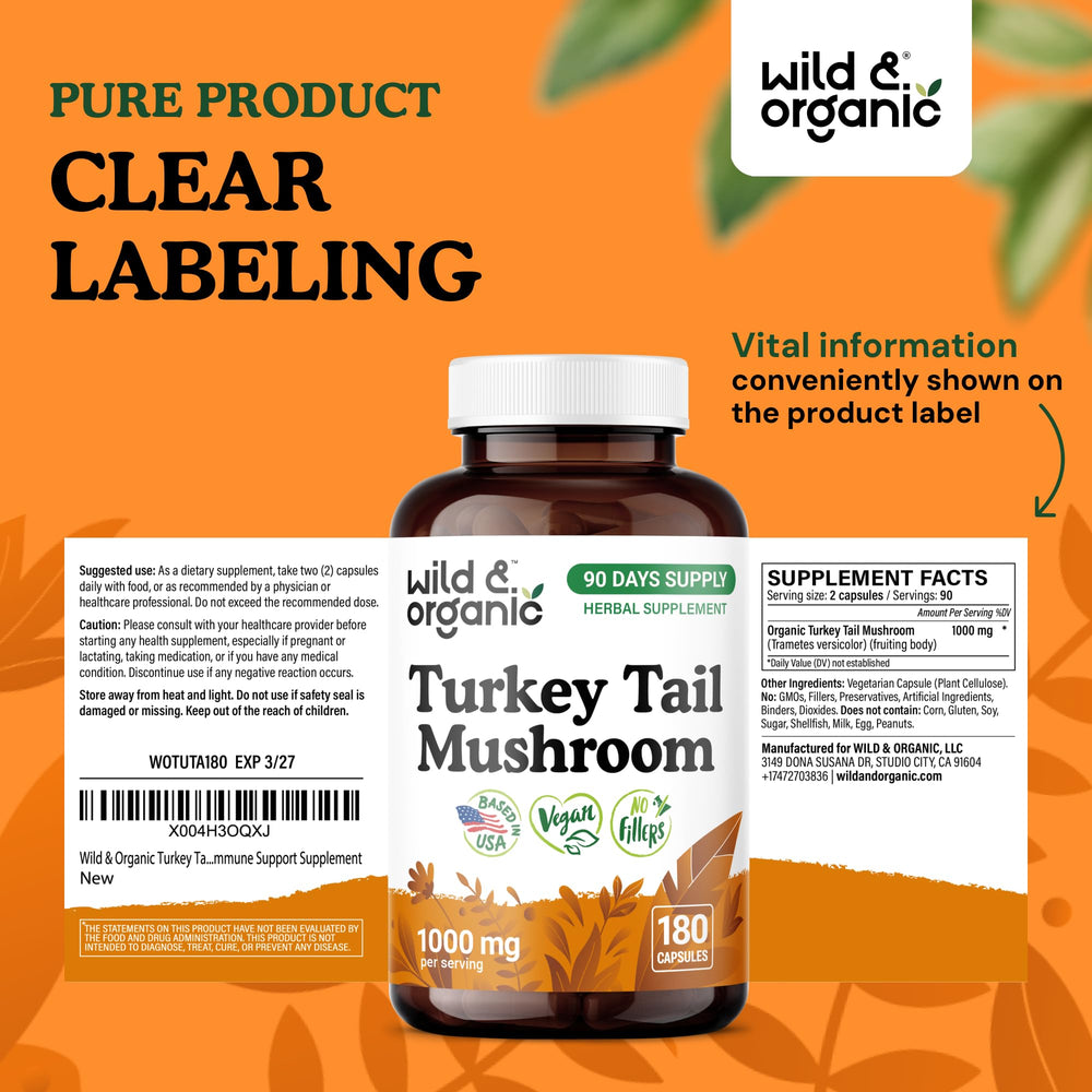 Wild & Organic Turkey Tail bottle depicting a 90-day supply on a kitchen counter.
