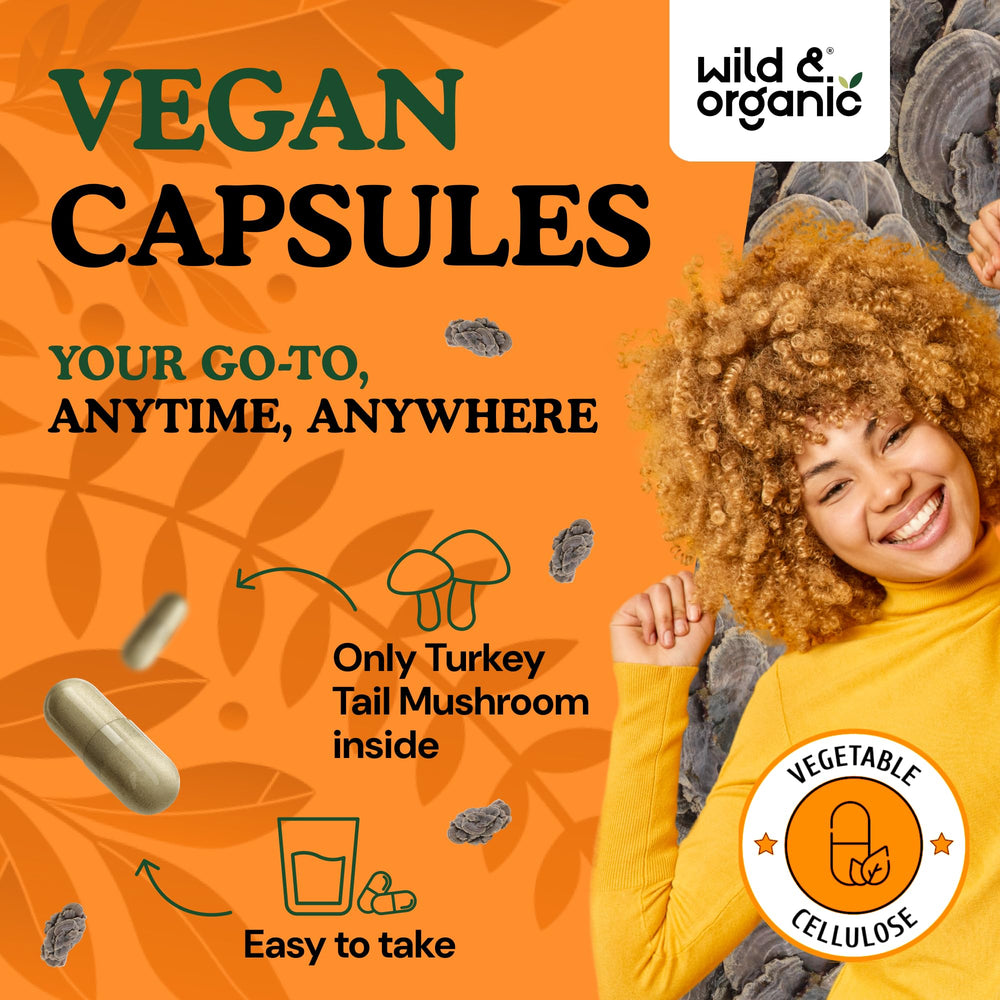 Wild & Organic turkey tail mushroom capsules closeup shows smooth coating for easy swallow.