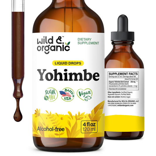 Wild & Organic Yohimbe Drops bottle front shows branding and 4 oz size
