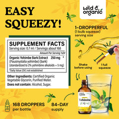 Close-up of Wild & Organic Yohimbe Drops label highlights vegan, non-GMO formula
