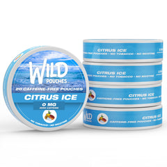 Wild Pouches Citrus Ice five-pack box highlighting caffeine-free flavor