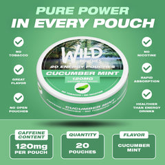 Wild Pouches cucumber mint can close-up emphasizes caffeine delivery and convenient use.
