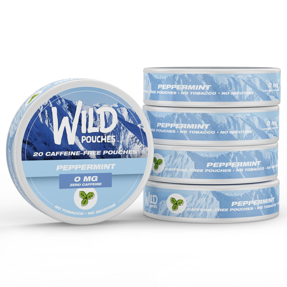 Wild Pouches peppermint 5-pack front view, caffeine-free mint flavor on the go.