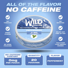 Wild Pouches peppermint open pouch close-up with easy access to caffeine-free mint.