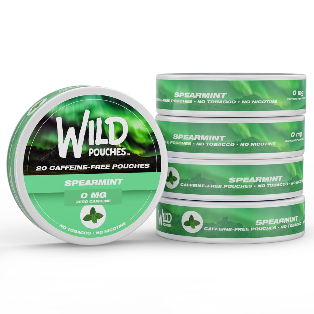 Wild Pouches Spearmint 0mg 5-pack cover showing caffeine-free mint flavor.