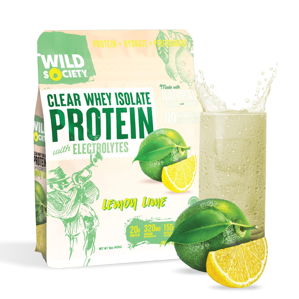 Wild Society Clear Whey bottle pour demonstrates quick hydration with 20 g protein per serving