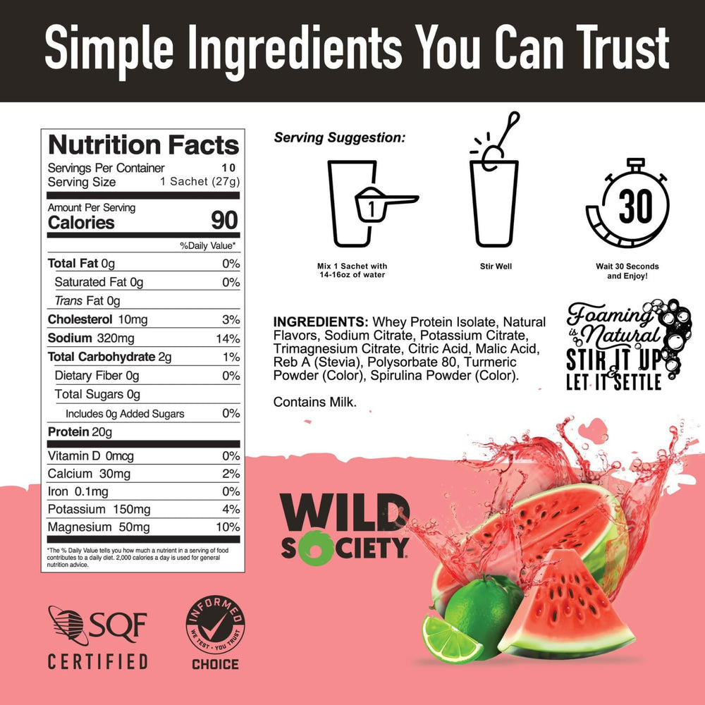 Wild Society Clear Whey Lemon Lime flavor offers a refreshing citrus taste