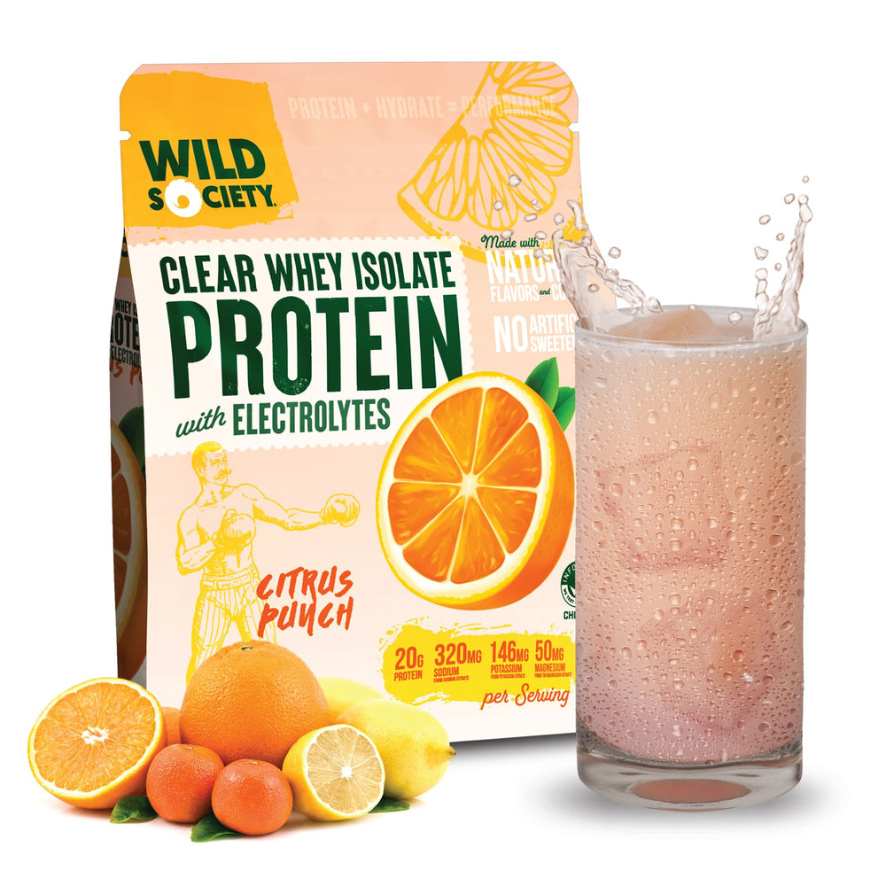 Wild Society Clear Whey Citrus Punch bottle highlighting high-protein hydration