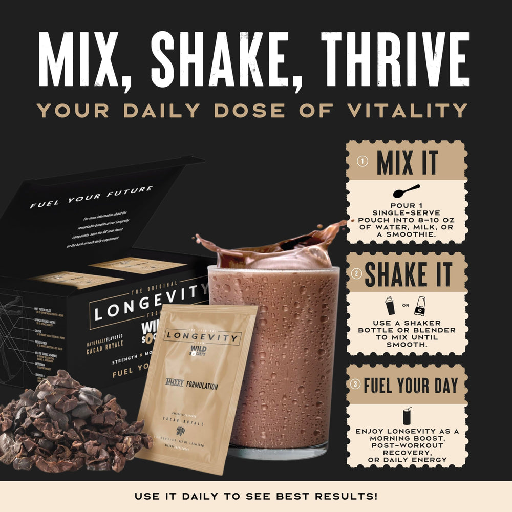 Wild Society Longevity Shake contains creatine and urolithin A for energy.