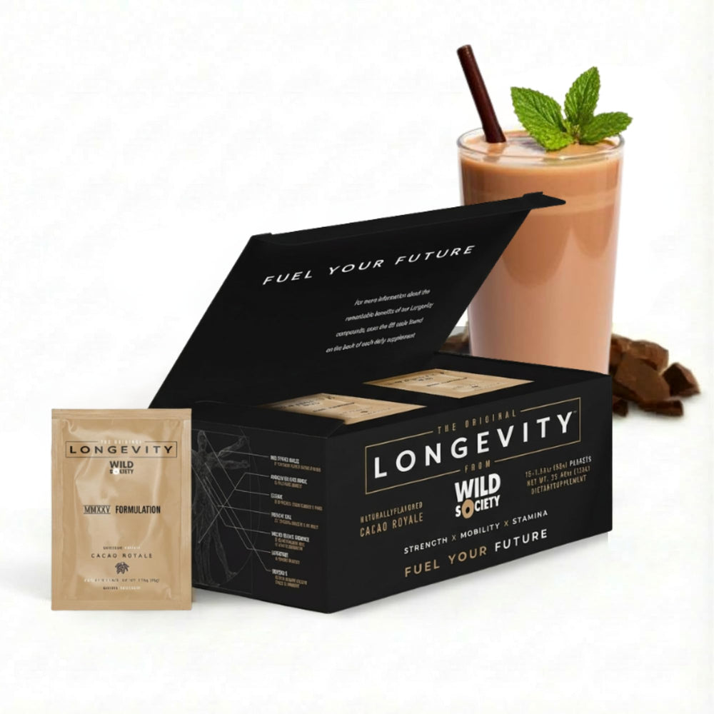 Wild Society Longevity Shake packaging signals premium protein and a clean formula.