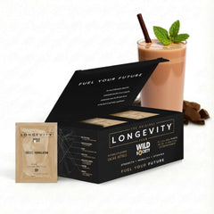 Wild Society Longevity Shake packaging signals premium protein and a clean formula.