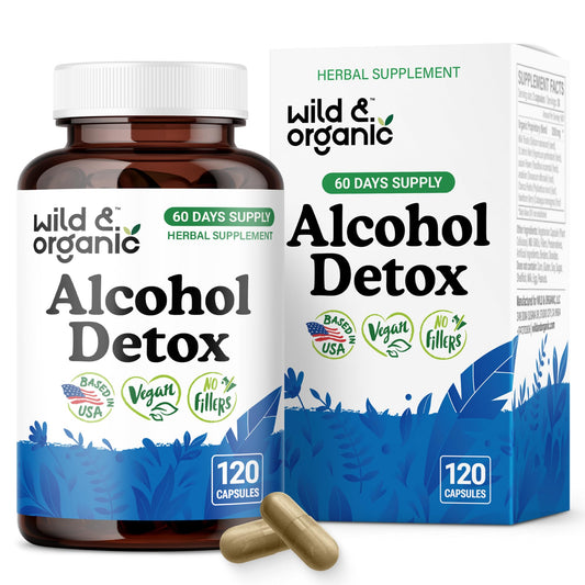 Wild and Organic alcohol detox capsules bottle closeup showing herbal blend for liver support.