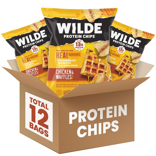 WILDE Chicken & Waffles protein chips bag for on-the-go snacking with crisp texture