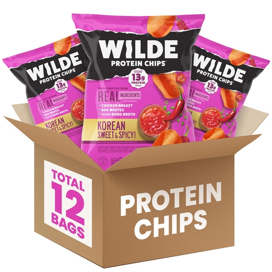 WILDE Protein Chips Korean Sweet & Spicy bag front shows a bold, high-protein keto snack.