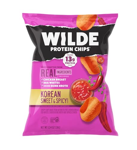 WILDE Protein Chips Korean Sweet & Spicy ingredients showcase natural chicken breast and egg whites.