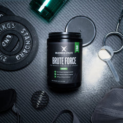 Brute Force green apple label emphasizing refreshing flavor and clean energy ingredients.