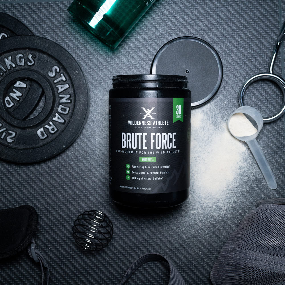 Wilderness Athlete Brute Force shaker bottle ready for on-the-go mixing before training.
