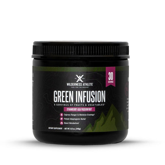 Wilderness Athlete Green Infusion bottle pouring into glass for daily greens boost.