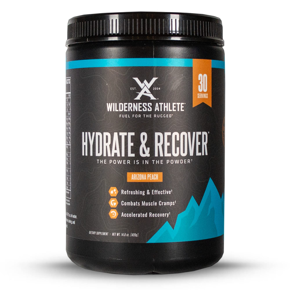 Wilderness Athlete Hydrate & Recover 30-serving tub Arizona Peach supports endurance hydration on outdoor runs.