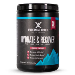 Wilderness Athlete Hydrate & Recover tub with strawberry pomegranate flavor for workout hydration.
