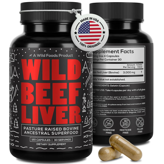 Wild Foods Beef Liver Capsules bottle shows 120 softgels for daily energy support.