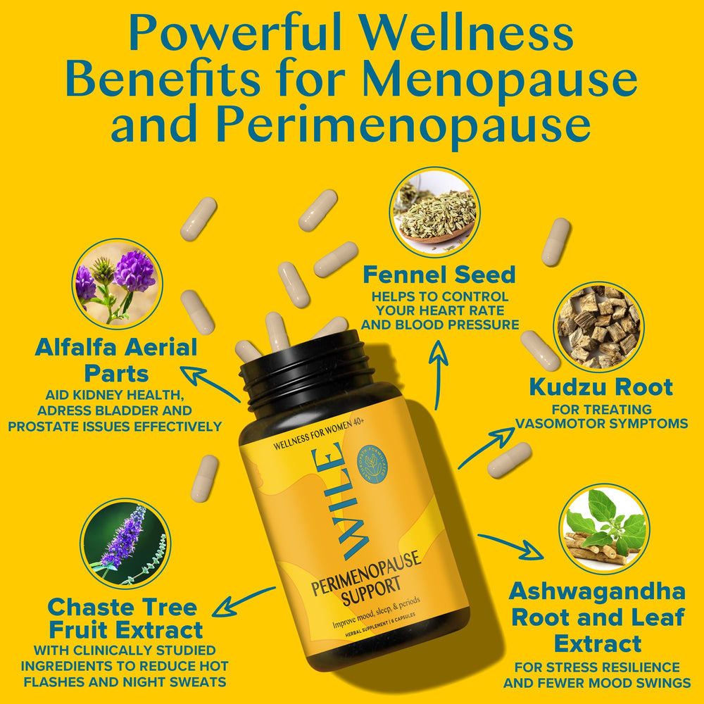 WILE Menopause pills close-up highlighting vegan capsules for stress relief.