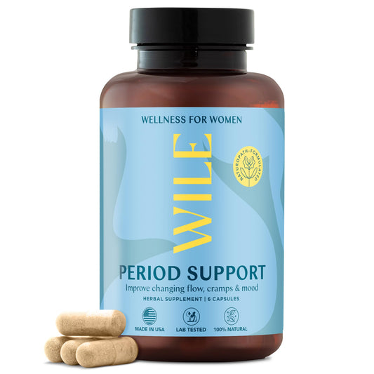 WILE menopause supplements bottle pour showing the product and potential balance support for midlife.