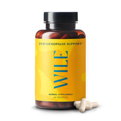 WILE Menopause vegan formula logo close-up indicates plant-based wellness.