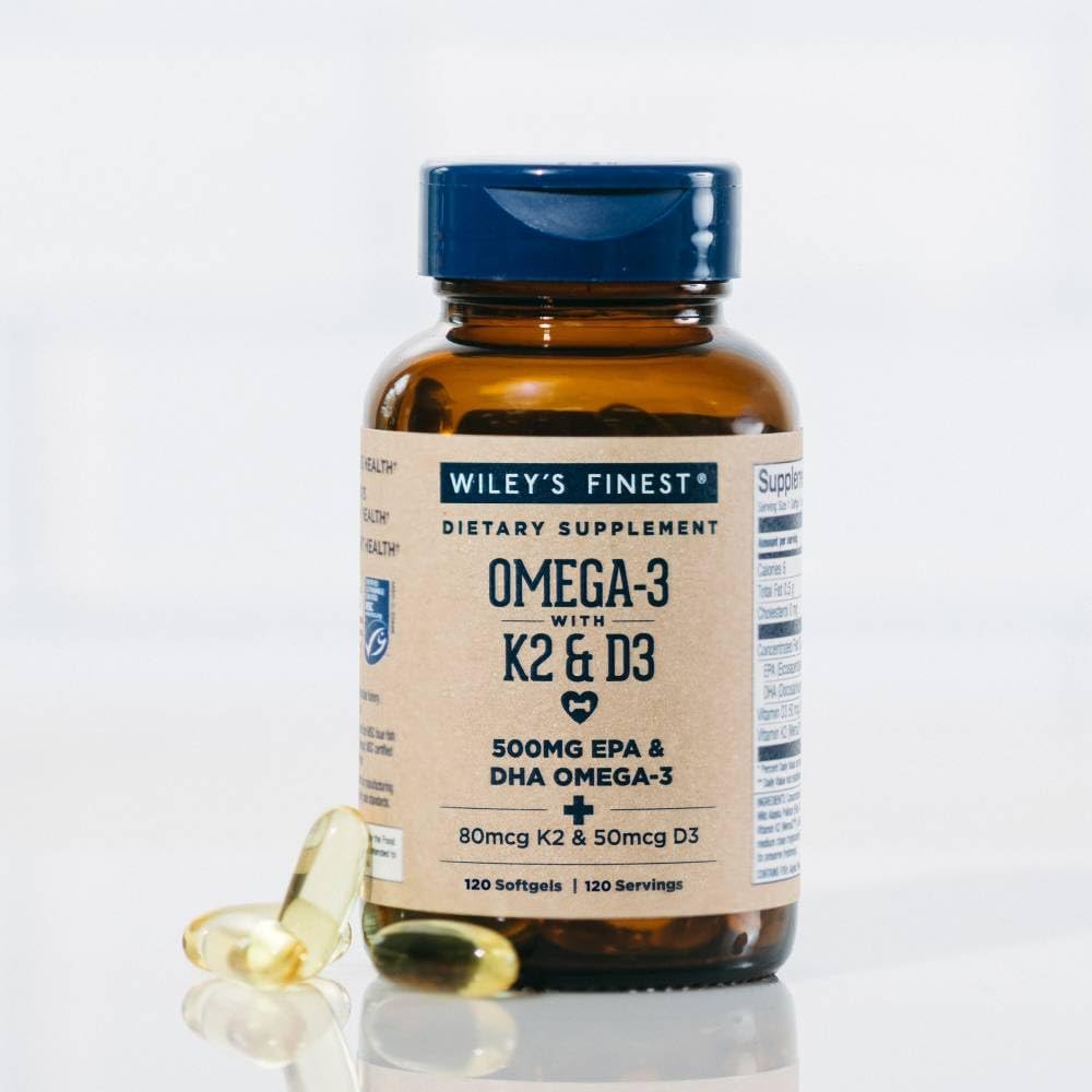 USA-made Wiley's Finest omega-3 supplement on a clean surface