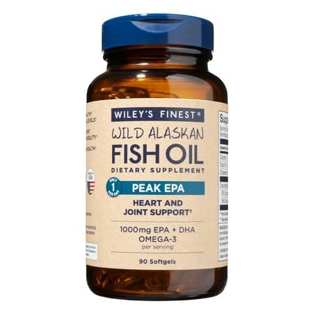 Wiley's Finest Peak EPA bottle close-up highlighting 1000mg omega-3 per serving.
