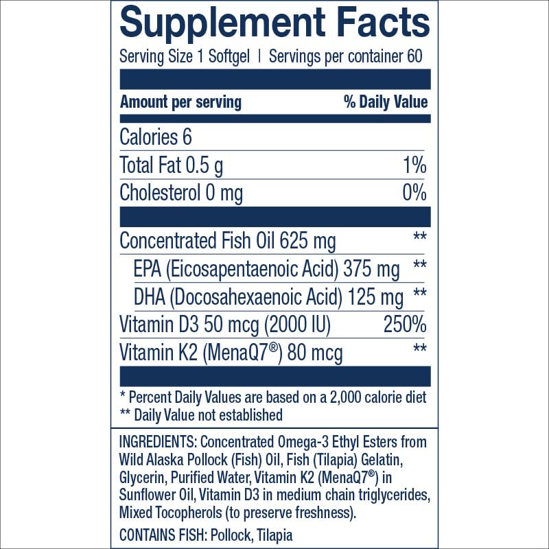 Wiley's Finest label close-up highlights K2 and D3 for bone and circulatory support