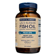 Wiley's Finest Peak EPA bottle with 120 softgels for daily omega-3 intake.