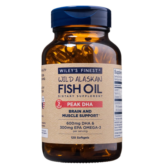 Wiley's Finest Peak DHA bottle front highlights wild Alaskan omega-3 for daily support